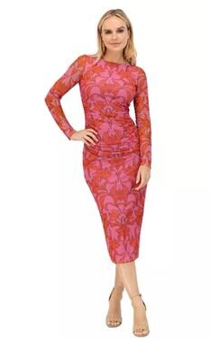 NWT Vince Camuto Pink Red Floral Ruched Mesh Sleeve Bodycon Midi Dress Sz 10